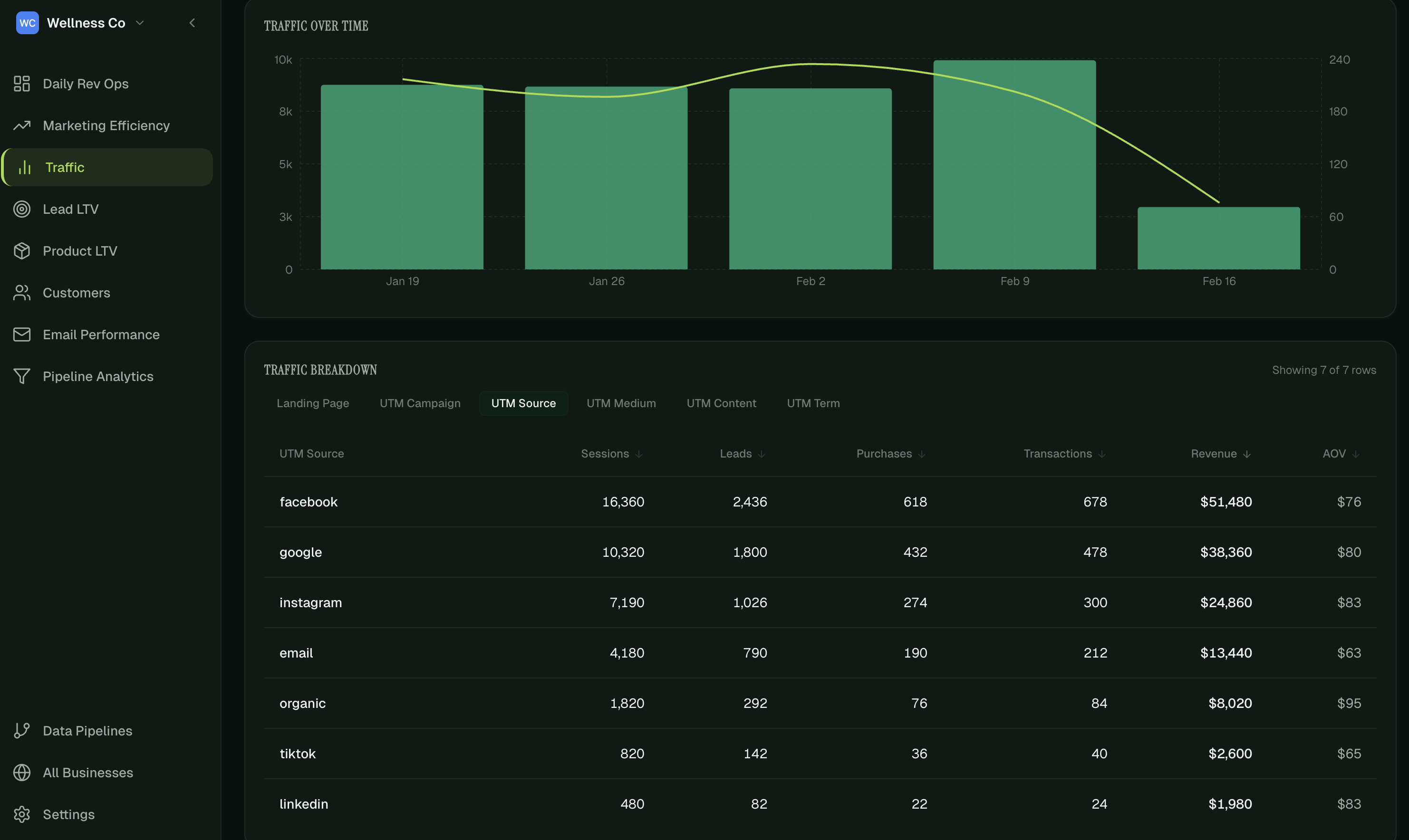 HelloConversions Traffic Insights UTM source breakdown table comparing Facebook, Google, Instagram, email, organic, TikTok, and LinkedIn by sessions, leads, purchases, revenue, and AOV